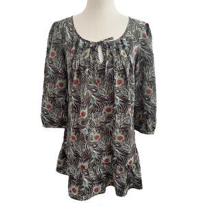 Liberty of London Peacock Feather Print Tie Neck Tunic Gray Aqua Pink XS